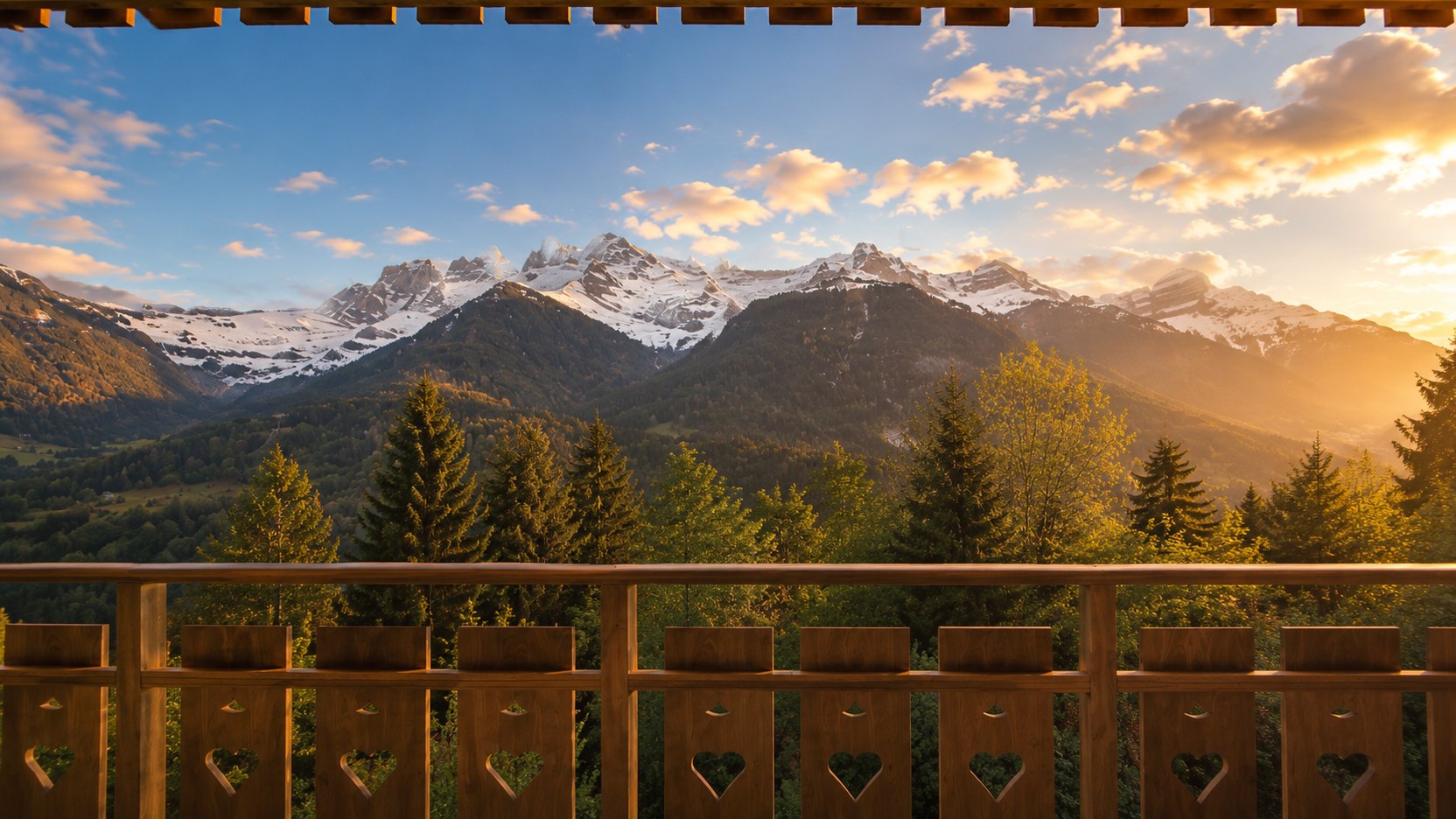 Blick von der Chalet-Terrasse auf die verschneiten Dents du Midi im Abendlicht, Champéry